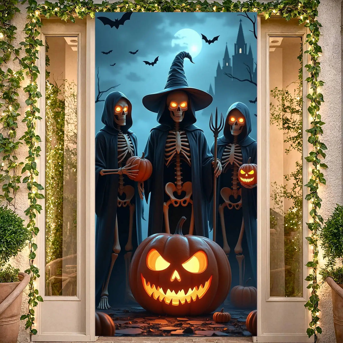 Veylora Halloween Decorations Door Cover Spooky Design Halloween Eerie Skeleton Gothic Jack O Lantern for Halloween Party Horror Decor