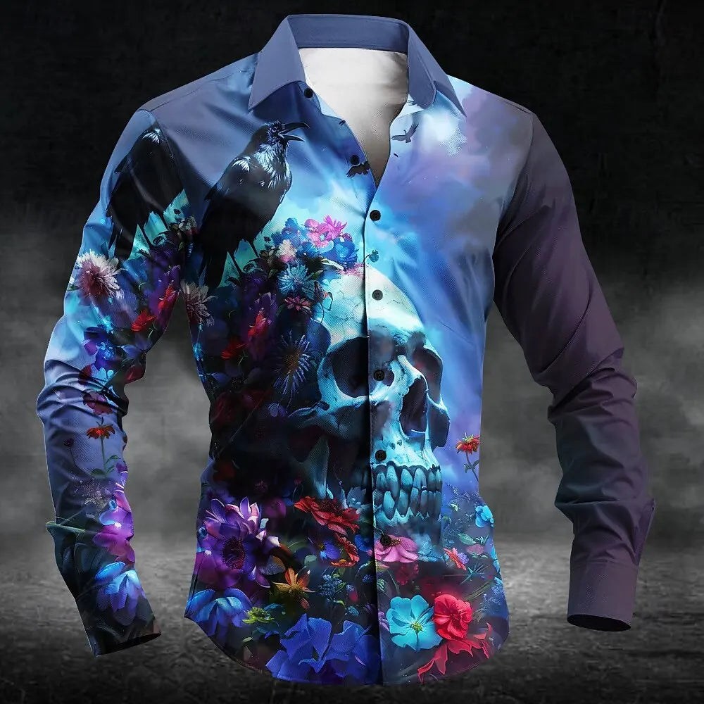 Veylora 2025 Halloween Men's Letter Printed Blood Stains Shirt Button Up Shirt Long Sleeve Dark Punk Gothic Style Streetwear Men's Tops