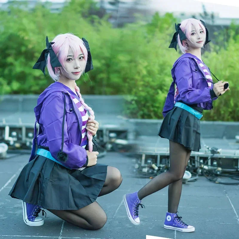 Veylora Fate/Apocrypha Astolfo Cosplay Costume Women Men Daily Purple Black Sports Wear Halloween Role Play Lovely Wig Coat Skirt Suit