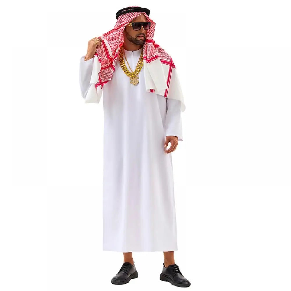 Veylora Arabian Dubai Costume Uae Sheik Cosplay White Robe Headscarf for Wealthy Saudi Birthday Costume Halloween Rich Man Outfit Polyes