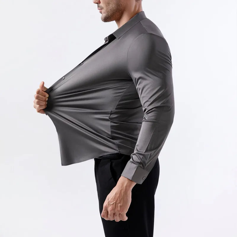 Veylora 100KG Non-Iron Four-way High Stretch Men's Long Sleeve Shirt Silky Soft Sommth Blue Black Business Party Wedding Male Clothing