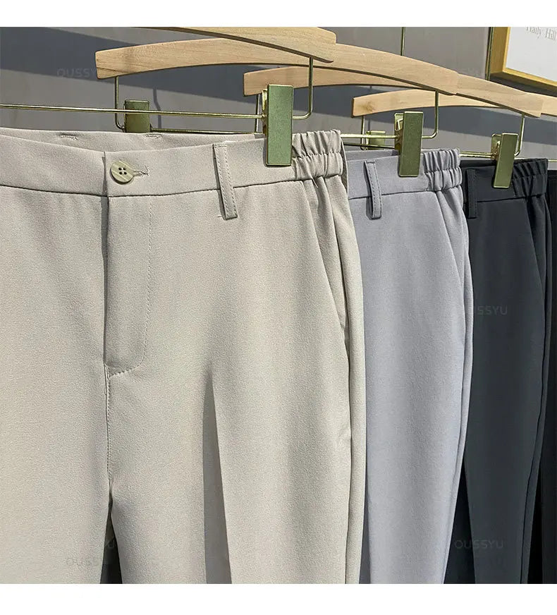 Veylora Summer Men's Casual Pants Suit Pant Slim Fit Work Elastic Waist Thin Jogging Business Trousers Male Black Grey Plus Size 40