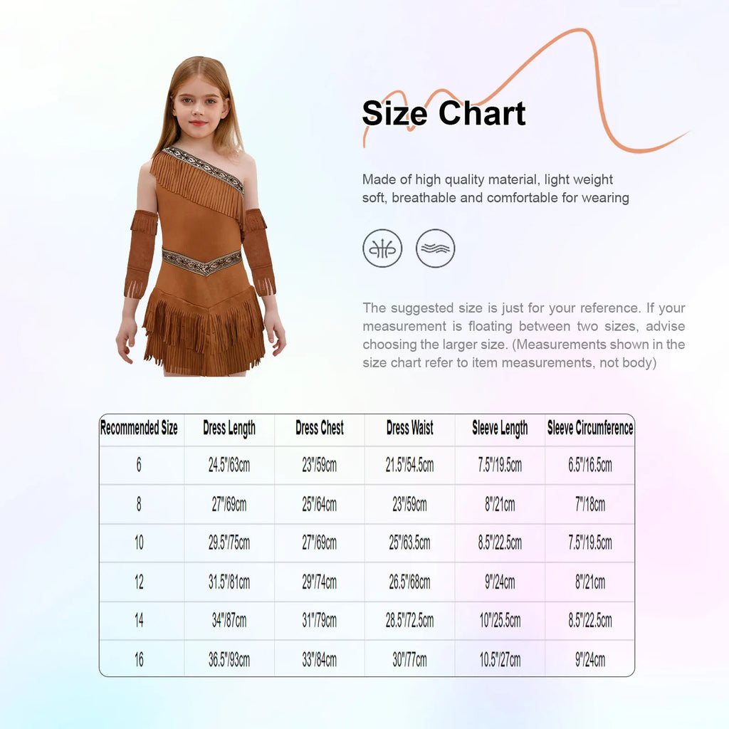Veylora Girls Indian Indigenous Costumes Halloween Cosplay Dresses Caveman Savage Indians Princess Dress Suede Dress And Tassel Sleeves