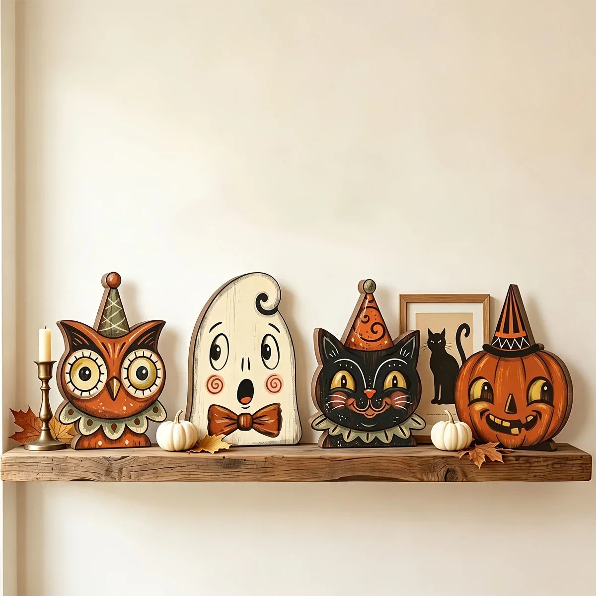 Veylora Halloween Decor Indoor,Retro Wooden Block for Shelf Decoration,Cute Ghost,Pumpkin,Black Cat,Skeleton,Witch Owl,Housewarming Gift