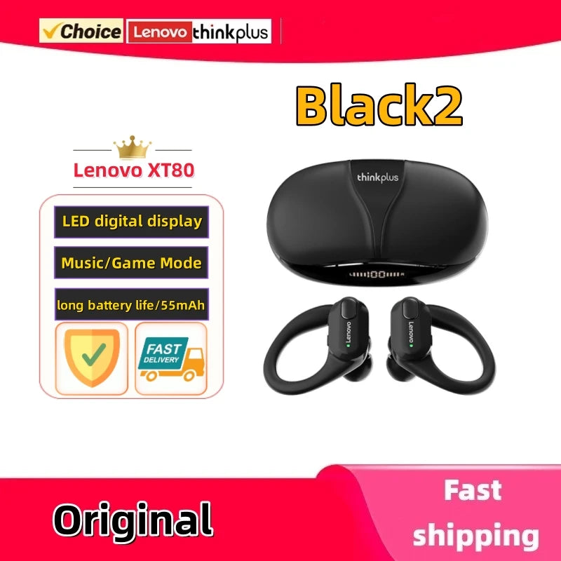 Veylora Original Lenovo XT80 Sports Wireless Earphones with Mics, LED Power Display,Hifi Stereo Sound Bluetooth 5.3 TWS HeadphHeadphones