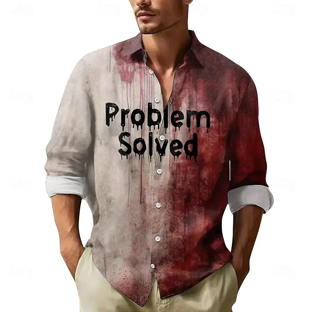 Veylora 2025 Halloween Men's Letter Printed Blood stains Shirt Button Up Shirt Long Sleeve Dark Punk Gothic Style Streetwear Men's Tops