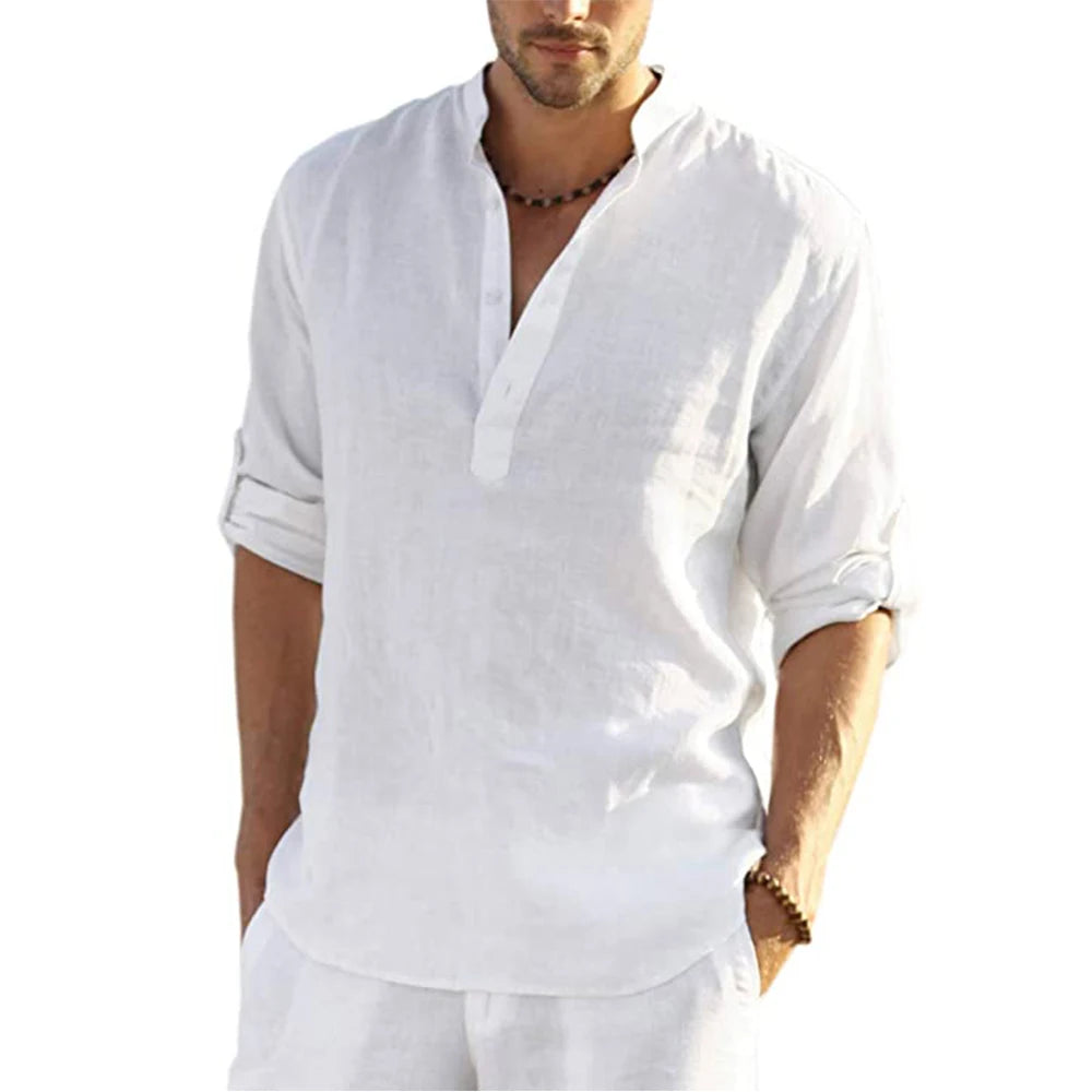 Veylora Men's Casual Blouse Cotton Linen Shirt Loose Tops Long Sleeve Tee Shirt Spring Autumn Casual Handsome Men's Shirts