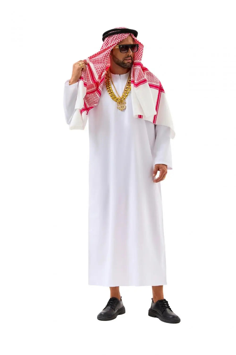 Veylora Arabian Dubai Costume Uae Sheik Cosplay White Robe Headscarf for Wealthy Saudi Birthday Costume Halloween Rich Man Outfit Polyes