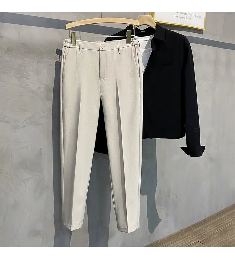 Veylora Summer Men's Casual Pants Suit Pant Slim Fit Work Elastic Waist Thin Jogging Business Trousers Male Black Grey Plus Size 40