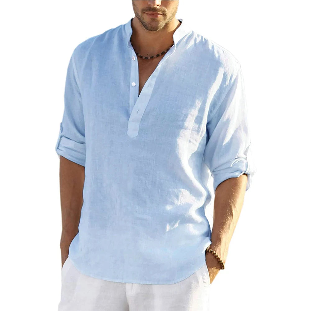 Veylora Men's Casual Blouse Cotton Linen Shirt Loose Tops Long Sleeve Tee Shirt Spring Autumn Casual Handsome Men's Shirts