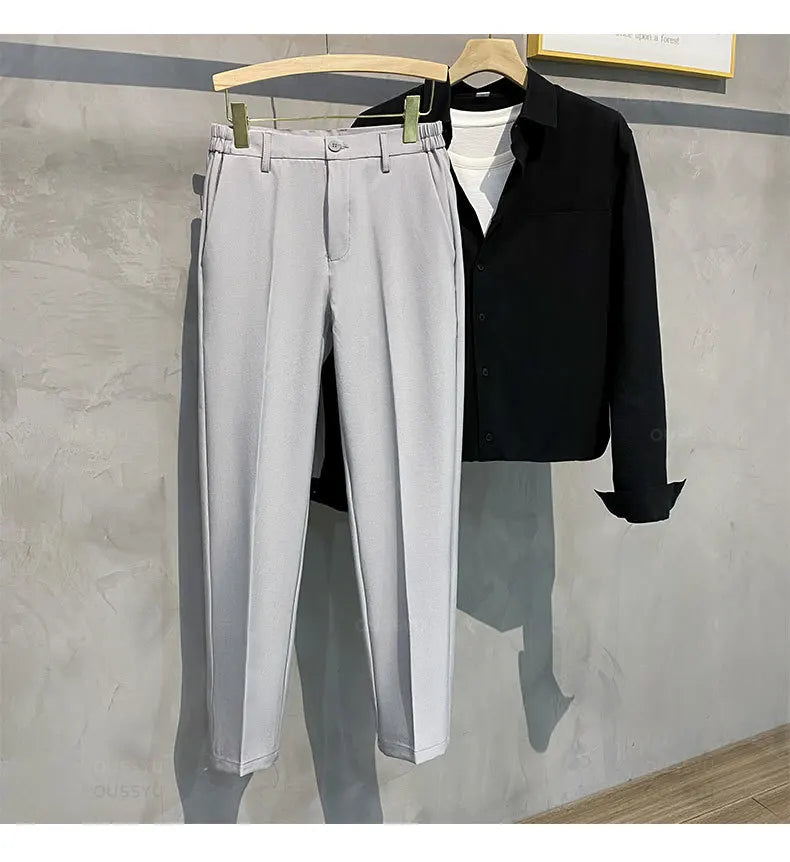 Veylora Summer Men's Casual Pants Suit Pant Slim Fit Work Elastic Waist Thin Jogging Business Trousers Male Black Grey Plus Size 40