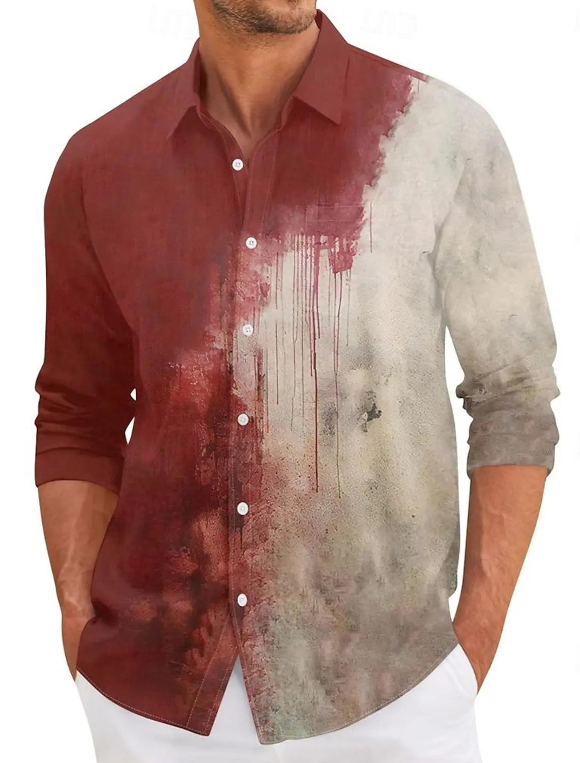 Veylora 2025 Halloween Men's Letter Printed Blood stains Shirt Button Up Shirt Long Sleeve Dark Punk Gothic Style Streetwear Men's Tops