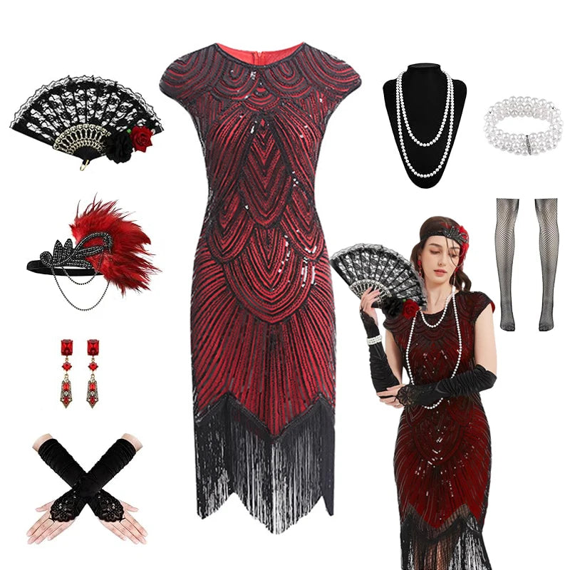 Veylora 1920s Dresses for Women Flapper Dress Lace Fan Feather Headband Sequins Beads Fringes 20s Accessories Vintage Mafia Costume