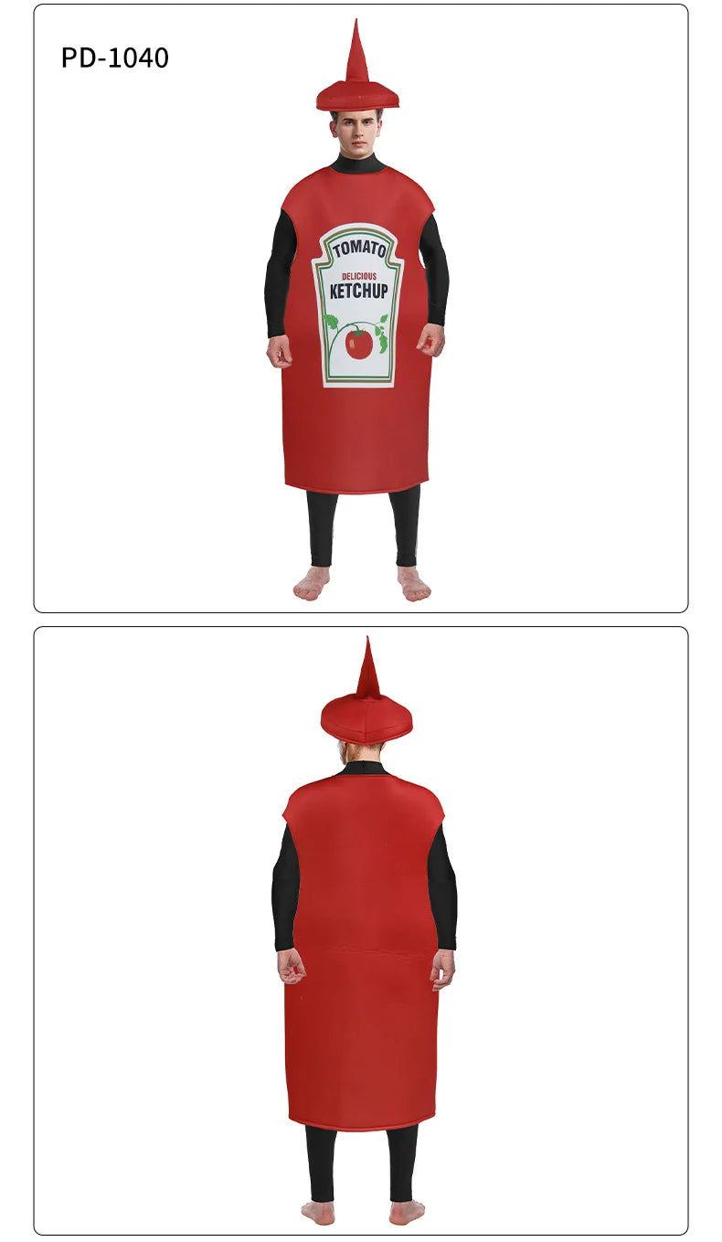 Veylora Festival Costumes Red Tomato Delicious Ketchup Costume Adult Boy Girl Funny Disguise Suit Yellow Halloween Cosplay Party Clothes