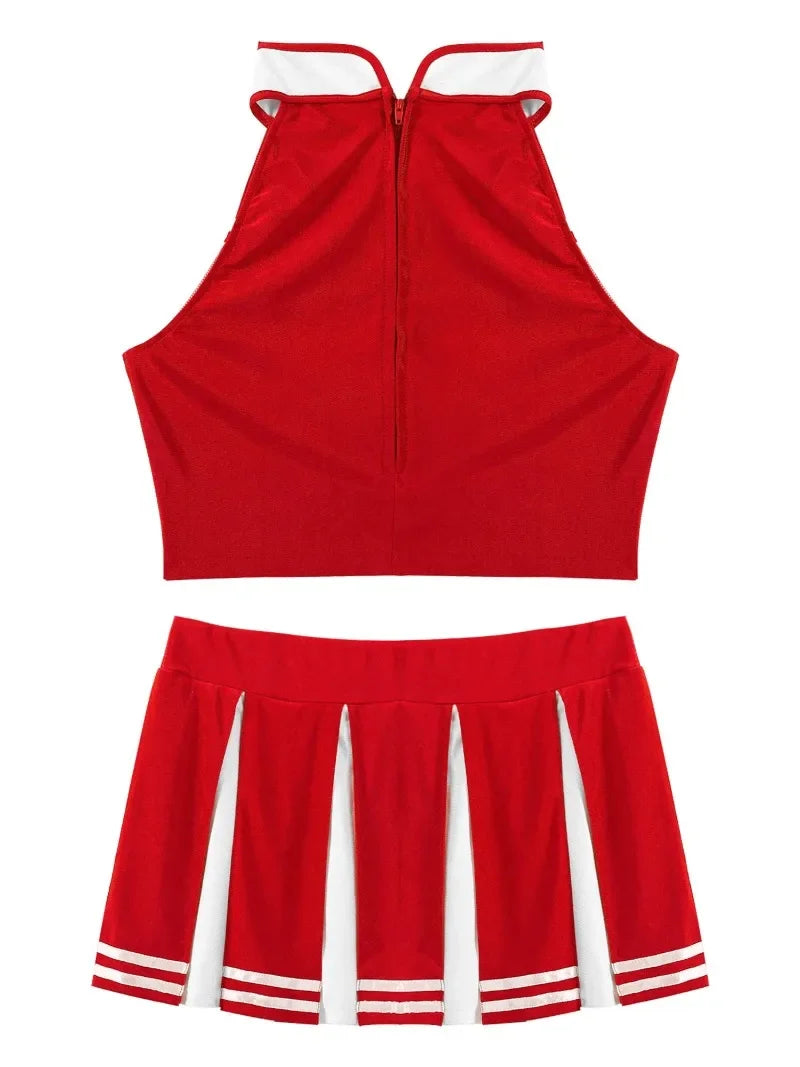 Veylora Carnival Costume 2Pcs Womens Adults Cheerleading Uniform Cosplay Outfit Crop Top with Mini Skirt Halloween Fancy Dress Up Party
