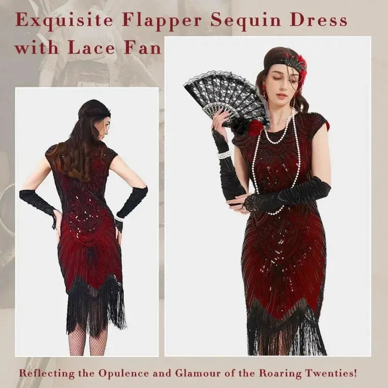 Veylora 1920s Dresses for Women Flapper Dress Lace Fan Feather Headband Sequins Beads Fringes 20s Accessories Vintage Mafia Costume