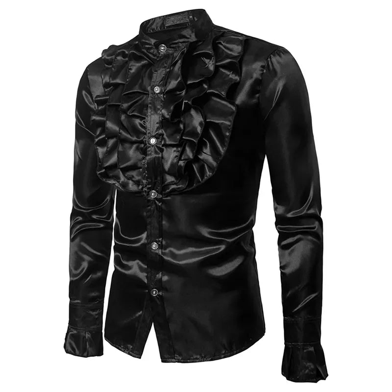 Veylora Vintage 70s Frill Ruffle Dress Shirt For Men Vicotorian Costume Top Gothic Punk Retro Tee Faxu Silk Cravat Shirt Halloween