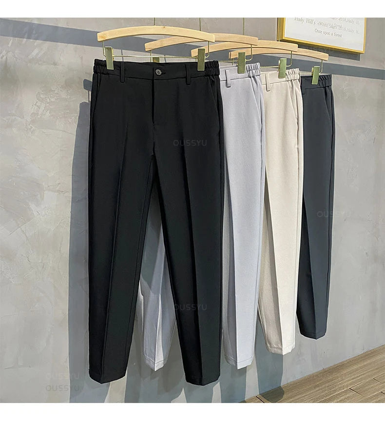Veylora Summer Men's Casual Pants Suit Pant Slim Fit Work Elastic Waist Thin Jogging Business Trousers Male Black Grey Plus Size 40