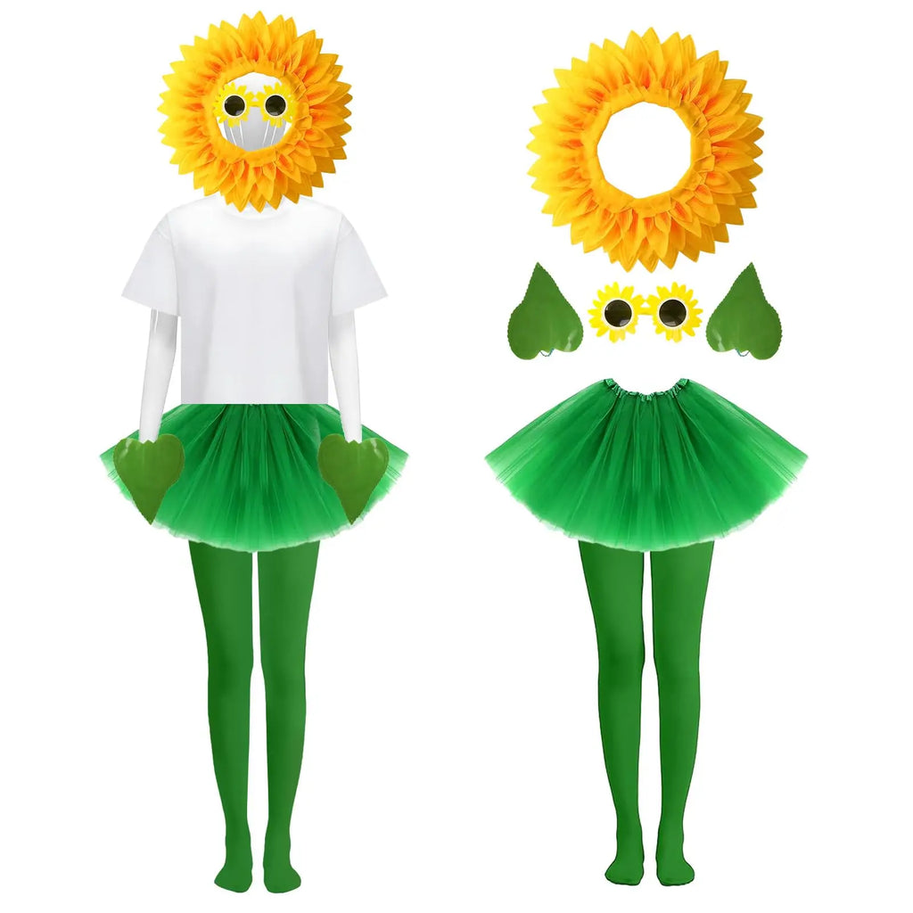 Veylora Sunflower Costume Sunshine Daisy Flower Outfit Sun Flower Headpiece Glasses Tutu Skirt Gloves Socks Plant Costume