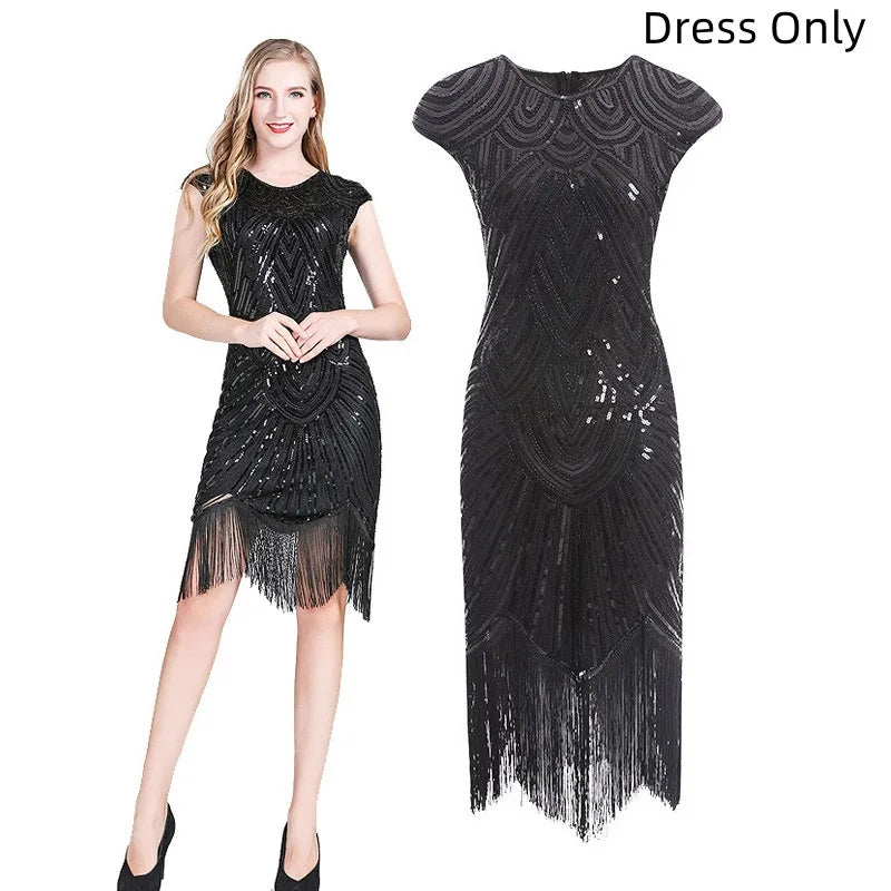 Veylora 1920s Dresses for Women Flapper Dress Lace Fan Feather Headband Sequins Beads Fringes 20s Accessories Vintage Mafia Costume
