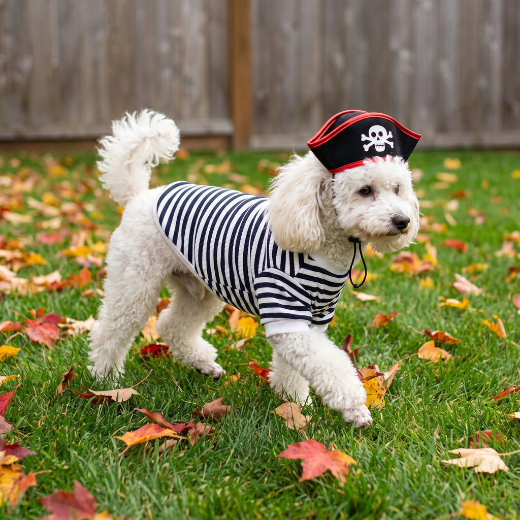 Veylora Halloween Pirate Pet Costume Set with Skull Hat Black White Striped Dog Cat Shirt Sweatshirt Spooky Cosplay Party Apparel Outfit