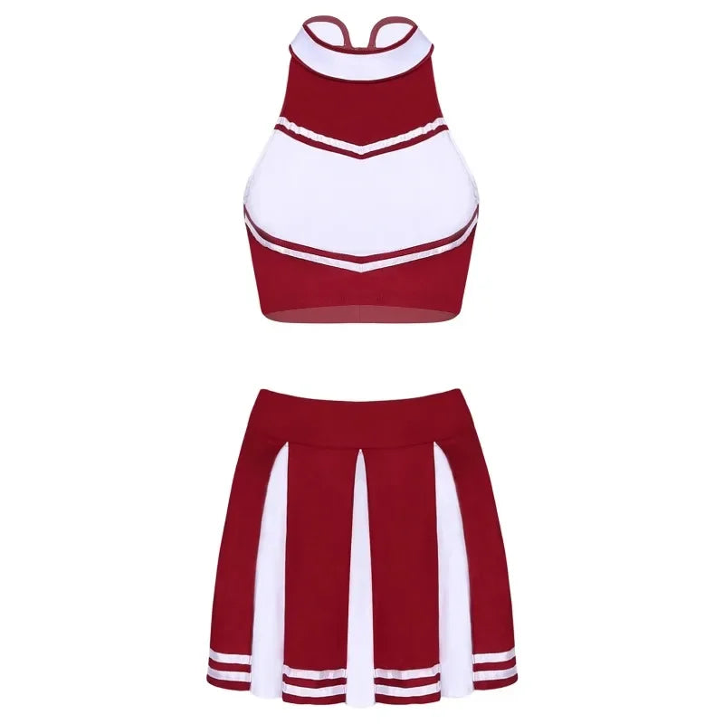 Veylora Carnival Costume 2Pcs Womens Adults Cheerleading Uniform Cosplay Outfit Crop Top with Mini Skirt Halloween Fancy Dress Up Party