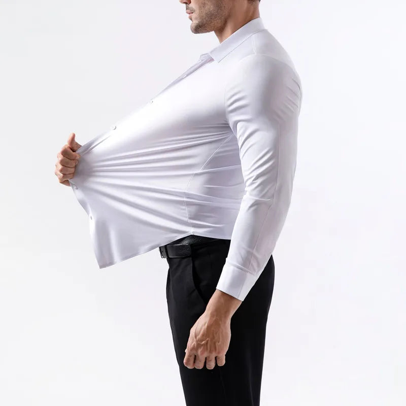 Veylora 100KG Non-Iron Four-way High Stretch Men's Long Sleeve Shirt Silky Soft Sommth Blue Black Business Party Wedding Male Clothing