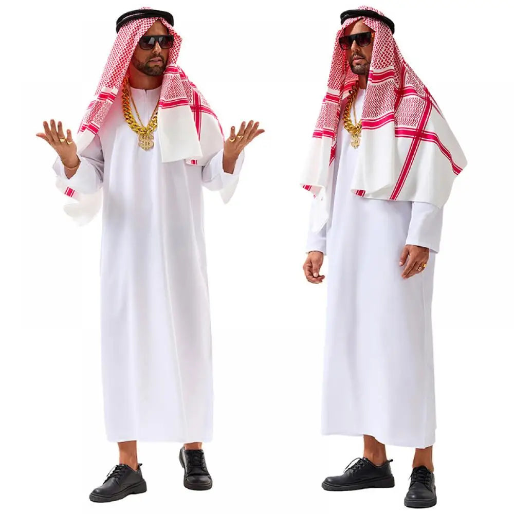 Veylora Arabian Dubai Costume Uae Sheik Cosplay White Robe Headscarf for Wealthy Saudi Birthday Costume Halloween Rich Man Outfit Polyes