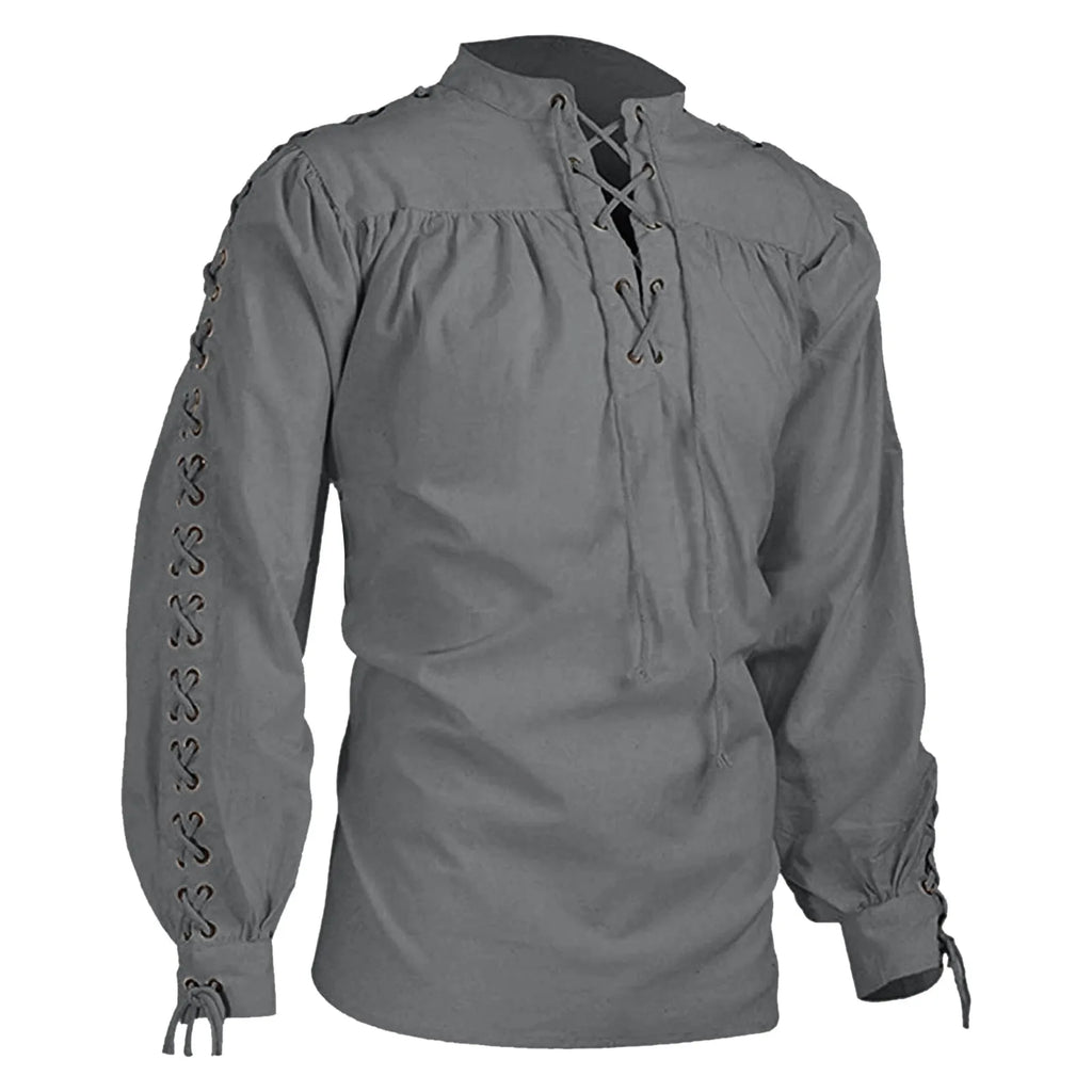 Veylora 2026 Shirts Men Tunic Viking Pirate Costume Gothic Clothes Men Vintage Shirt Ruffle Neckline Drawstring Knight Cosplay Top