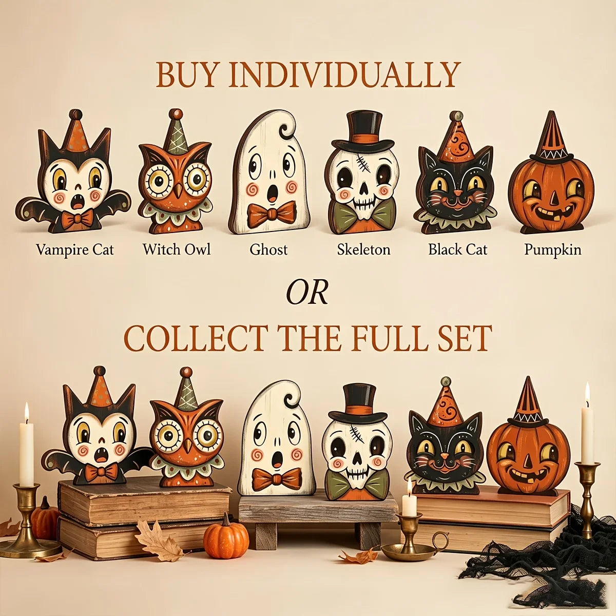 Veylora Halloween Decor Indoor,Retro Wooden Block for Shelf Decoration,Cute Ghost,Pumpkin,Black Cat,Skeleton,Witch Owl,Housewarming Gift