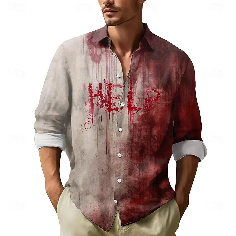 Veylora 2025 Halloween Men's Letter Printed Blood stains Shirt Button Up Shirt Long Sleeve Dark Punk Gothic Style Streetwear Men's Tops
