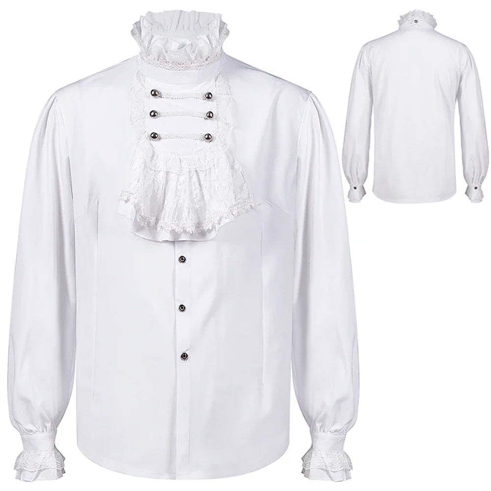 Veylora 2026 Men's Gothic White Shirts And Blouses Tops Retro Victorian Medieval Lace Ruffles Stand Collar Puff Sleeve Shirt Clothing