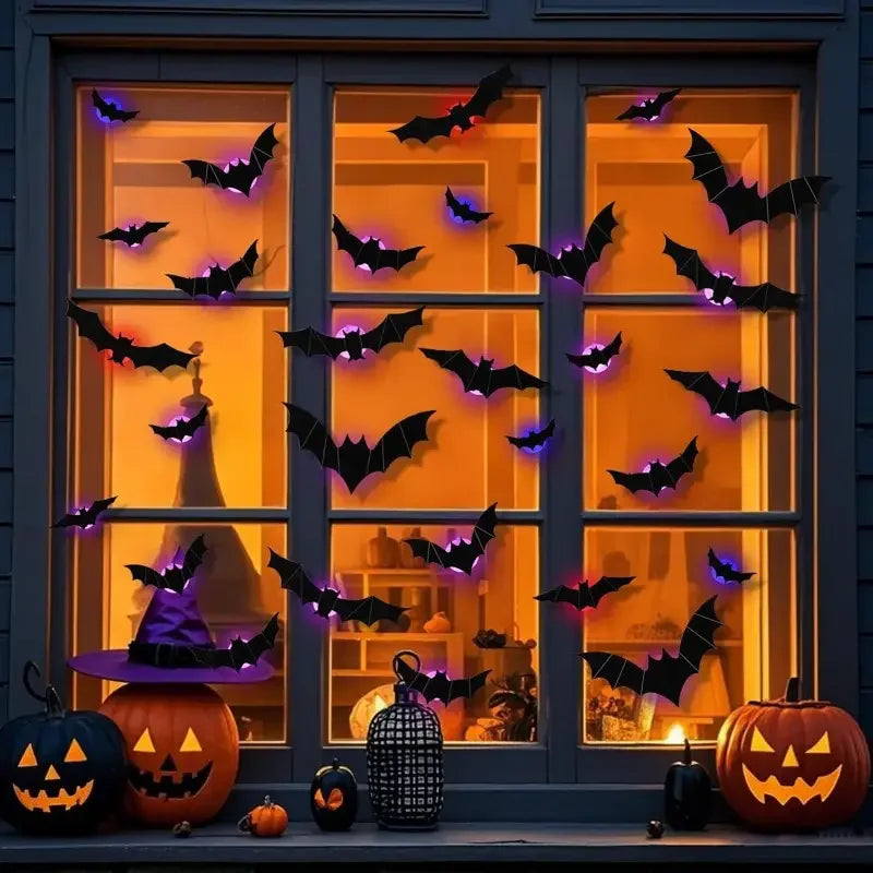 Veylora Halloween Decorations  3D LED Lighted Bats with Purple Green Lights, Waterproof Window Stickers for Indoor Outdoor Scary Decor