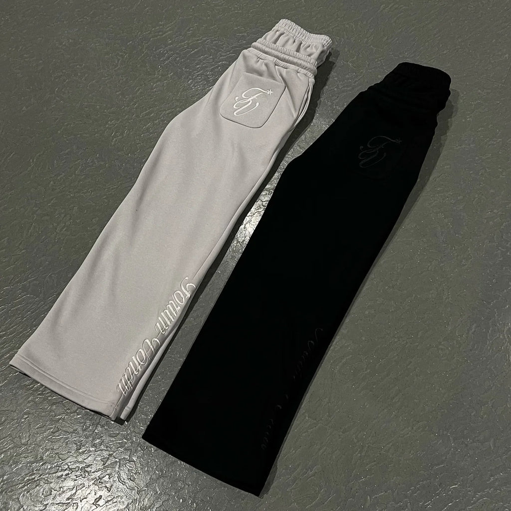 Veylora Harajuku Loose Double Waisted Sweatpants Y2K American Solid Color Letter Embroidery Casual Pants Hip Hop Drawstring Waist Jogger