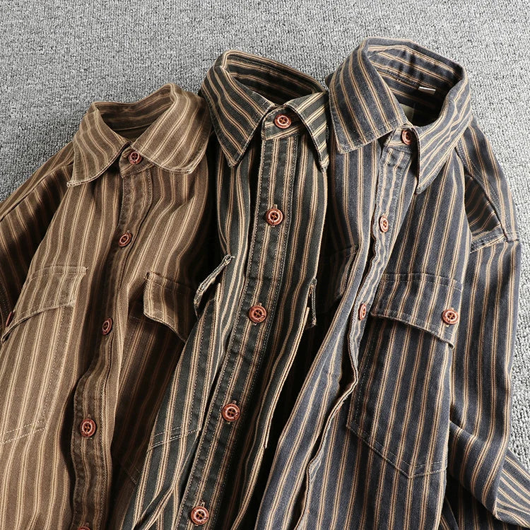 Veylora 2025 Autumn And Winter New American Retro Stripe Long-Sleeve Lapel Shirt Men's Simple Fashion Washed Multi-pocket Casual Blouses