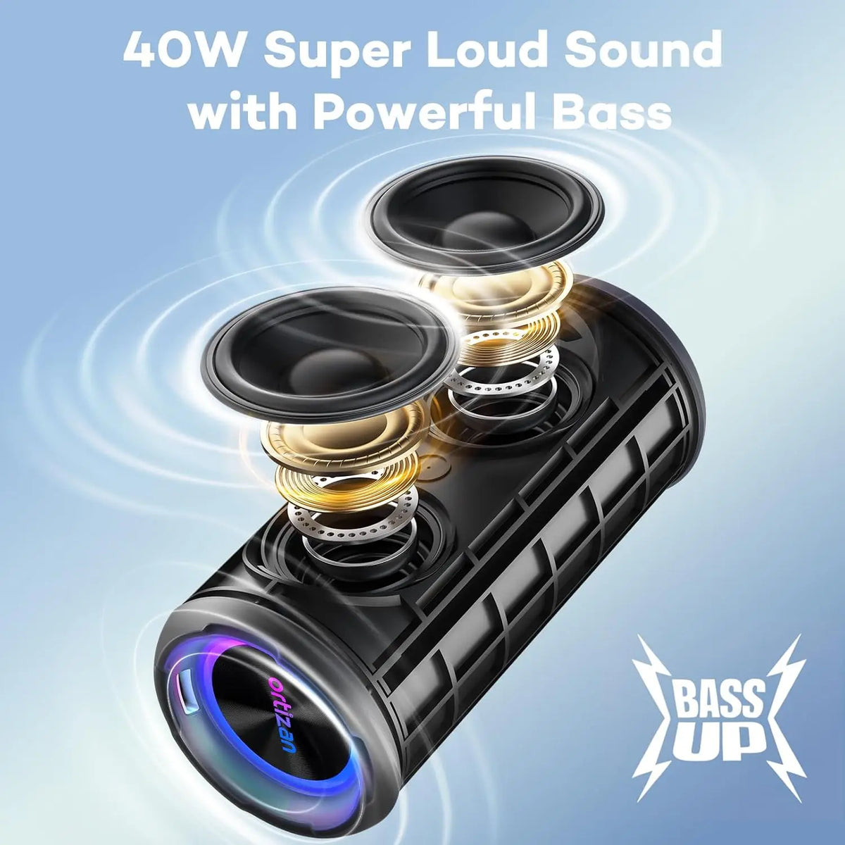 Veylora Ortizan Bluetooth Speaker, 40W Peak Outdoor Portable Loud Speakers Wireless with Deep Bass, USB/AUX/TF Card Port, RGB Light, TWS Stereo, EQ, IPX7 Waterproof for Party, Beach, Kayaking, Camping, Backyard, Garage