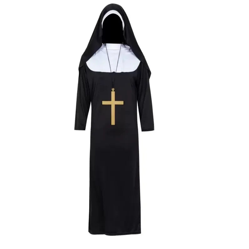 Veylora Halloween Costume  Cosplay Nun Costume Jumpsuit and Headscarf Cross Traditional Adult Sister Black Robe Religious Costumes