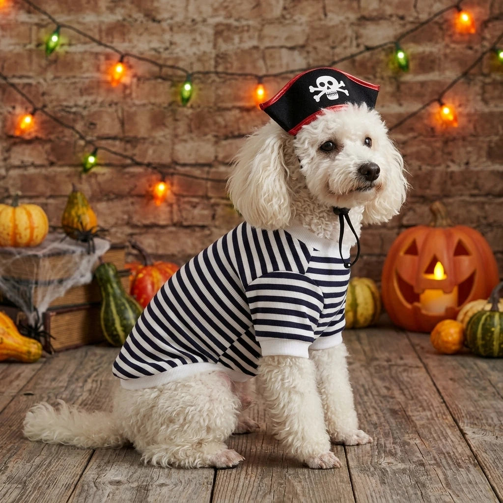 Veylora Halloween Pirate Pet Costume Set with Skull Hat Black White Striped Dog Cat Shirt Sweatshirt Spooky Cosplay Party Apparel Outfit