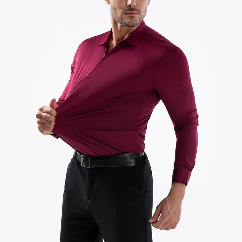 Veylora 100KG Non-Iron Four-way High Stretch Men's Long Sleeve Shirt Silky Soft Sommth Blue Black Business Party Wedding Male Clothing