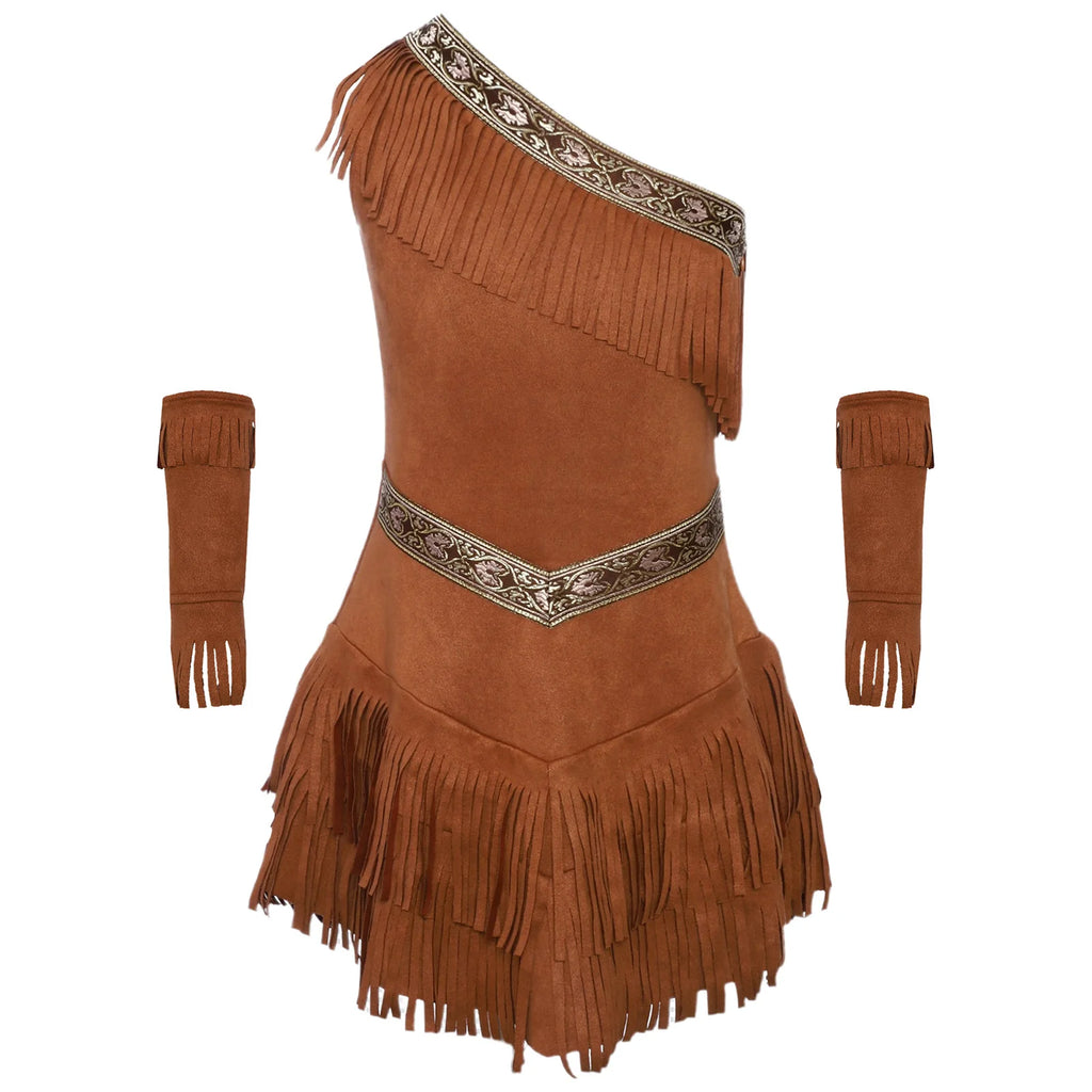 Veylora Girls Indian Indigenous Costumes Halloween Cosplay Dresses Caveman Savage Indians Princess Dress Suede Dress And Tassel Sleeves