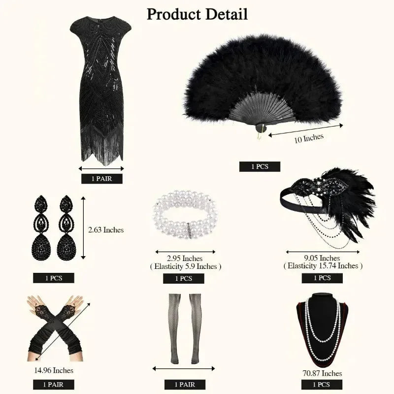 Veylora 1920s Dresses for Women Flapper Dress Lace Fan Feather Headband Sequins Beads Fringes 20s Accessories Vintage Mafia Costume