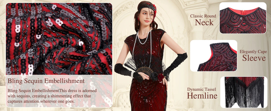 Veylora 1920s Dresses for Women Flapper Dress Lace Fan Feather Headband Sequins Beads Fringes 20s Accessories Vintage Mafia Costume