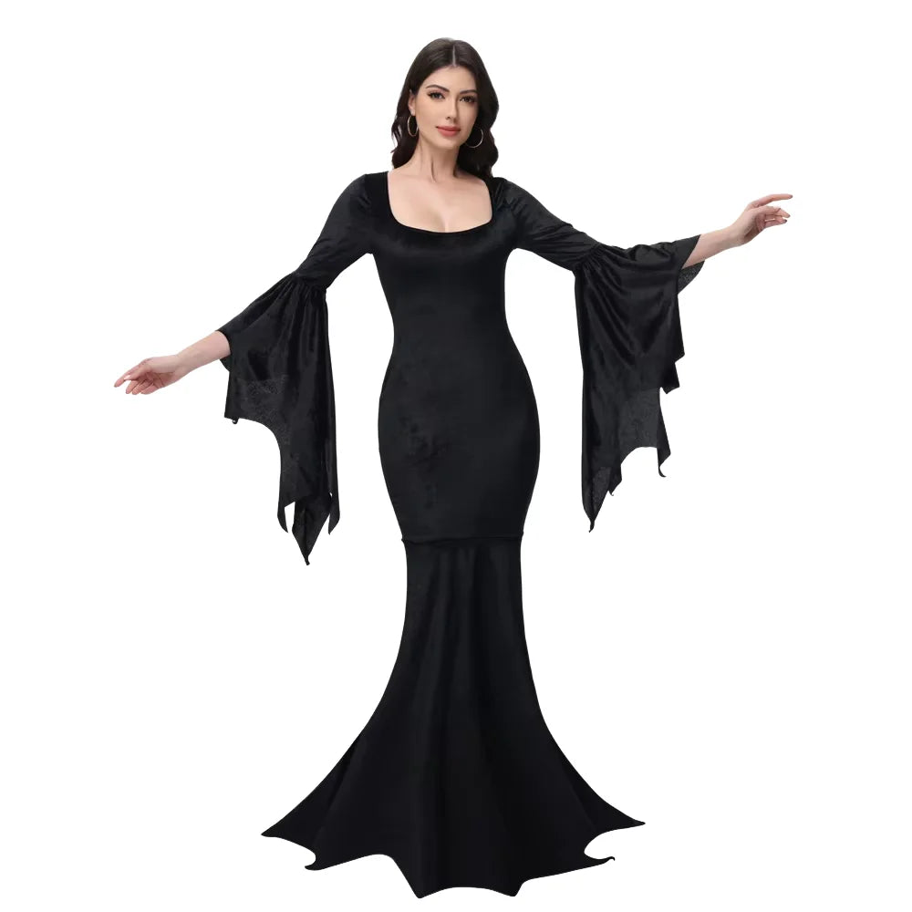 Veylora Halloween Morticia Adams Primate Costume Black Adams Family Dress Retro Gothic Flared Sleeve Fishtail Dress Vestido Party Outfit