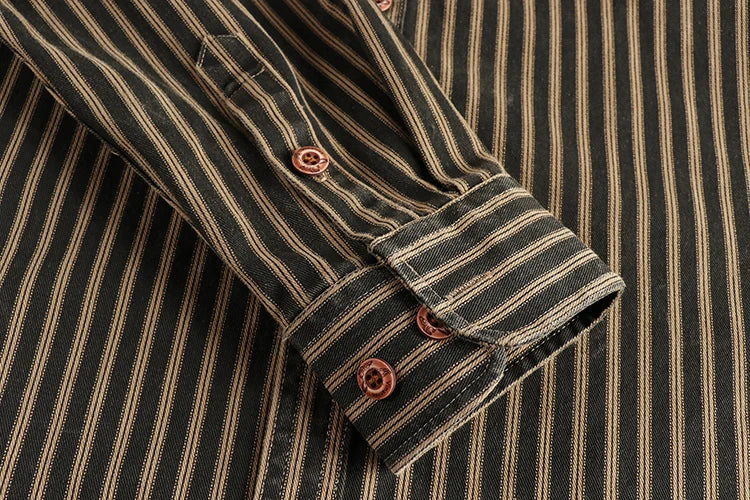 Veylora 2025 Autumn And Winter New American Retro Stripe Long-Sleeve Lapel Shirt Men's Simple Fashion Washed Multi-pocket Casual Blouses