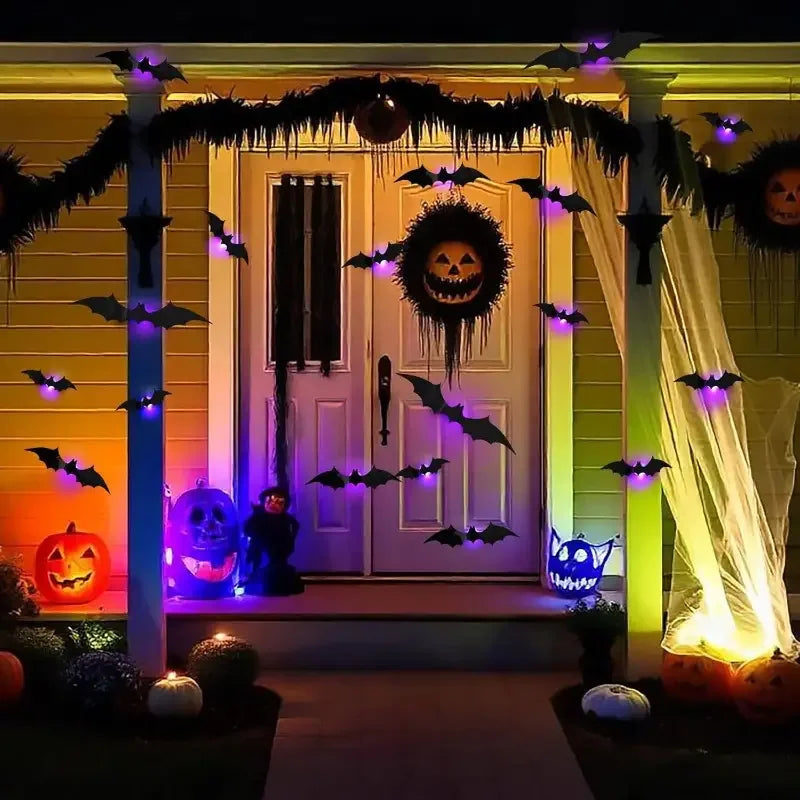 Veylora Halloween Decorations  3D LED Lighted Bats with Purple Green Lights, Waterproof Window Stickers for Indoor Outdoor Scary Decor