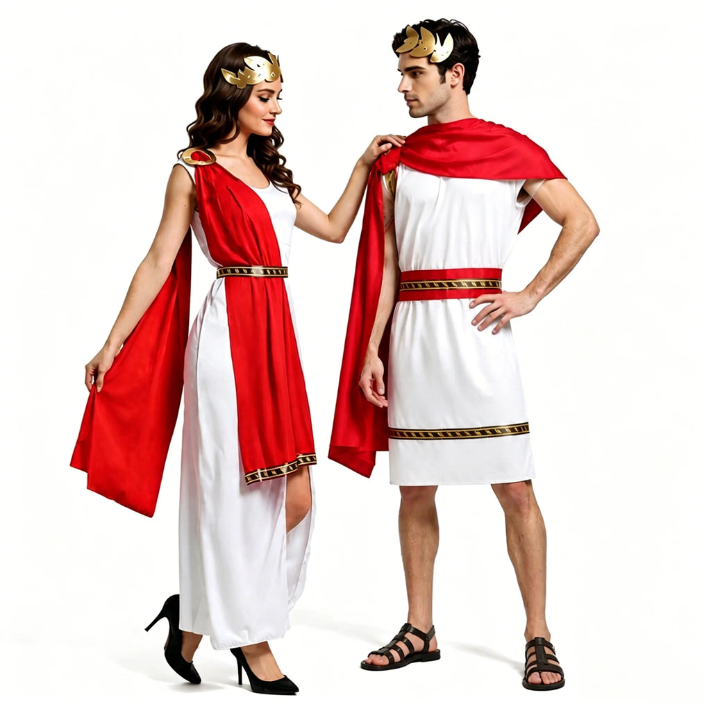 Veylora Roman Greek Costume Adult Men Women Couple Toga White Tunic Red Cape Gold Laurel Wreath Halloween Carnival Cosplay Outfit Set