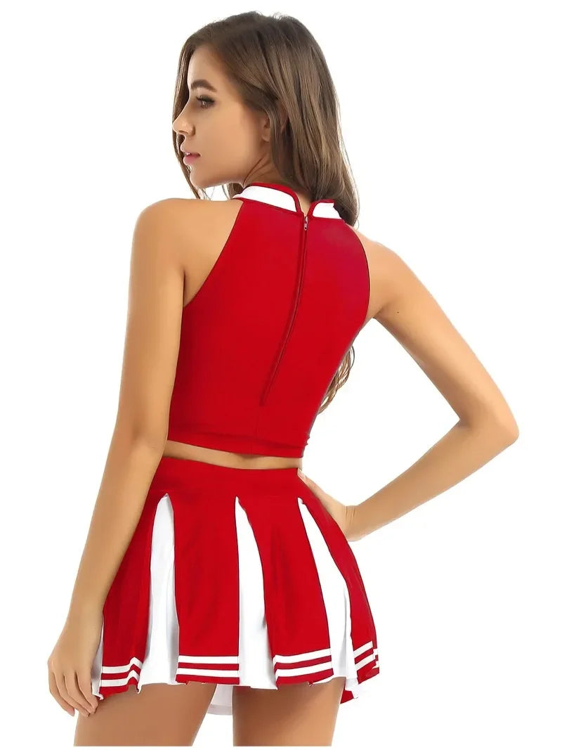 Veylora Carnival Costume 2Pcs Womens Adults Cheerleading Uniform Cosplay Outfit Crop Top with Mini Skirt Halloween Fancy Dress Up Party