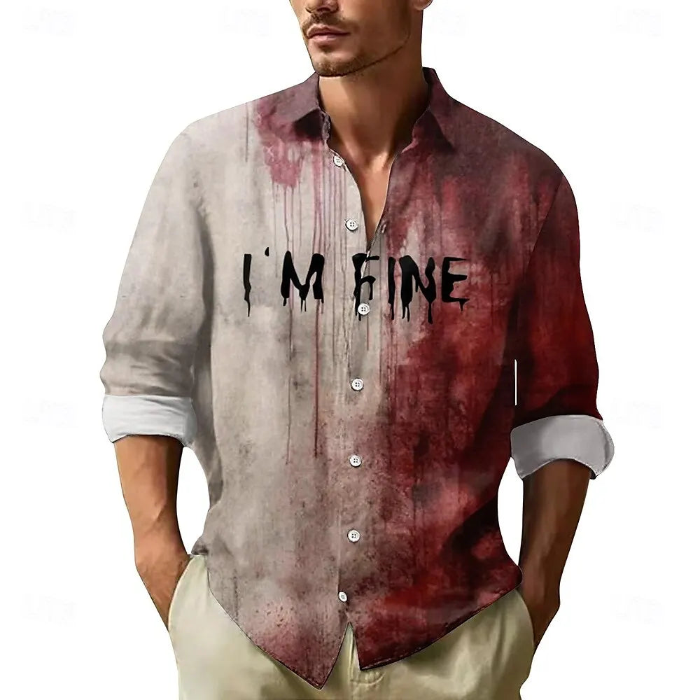 Veylora 2025 Halloween Men's Letter Printed Blood stains Shirt Button Up Shirt Long Sleeve Dark Punk Gothic Style Streetwear Men's Tops