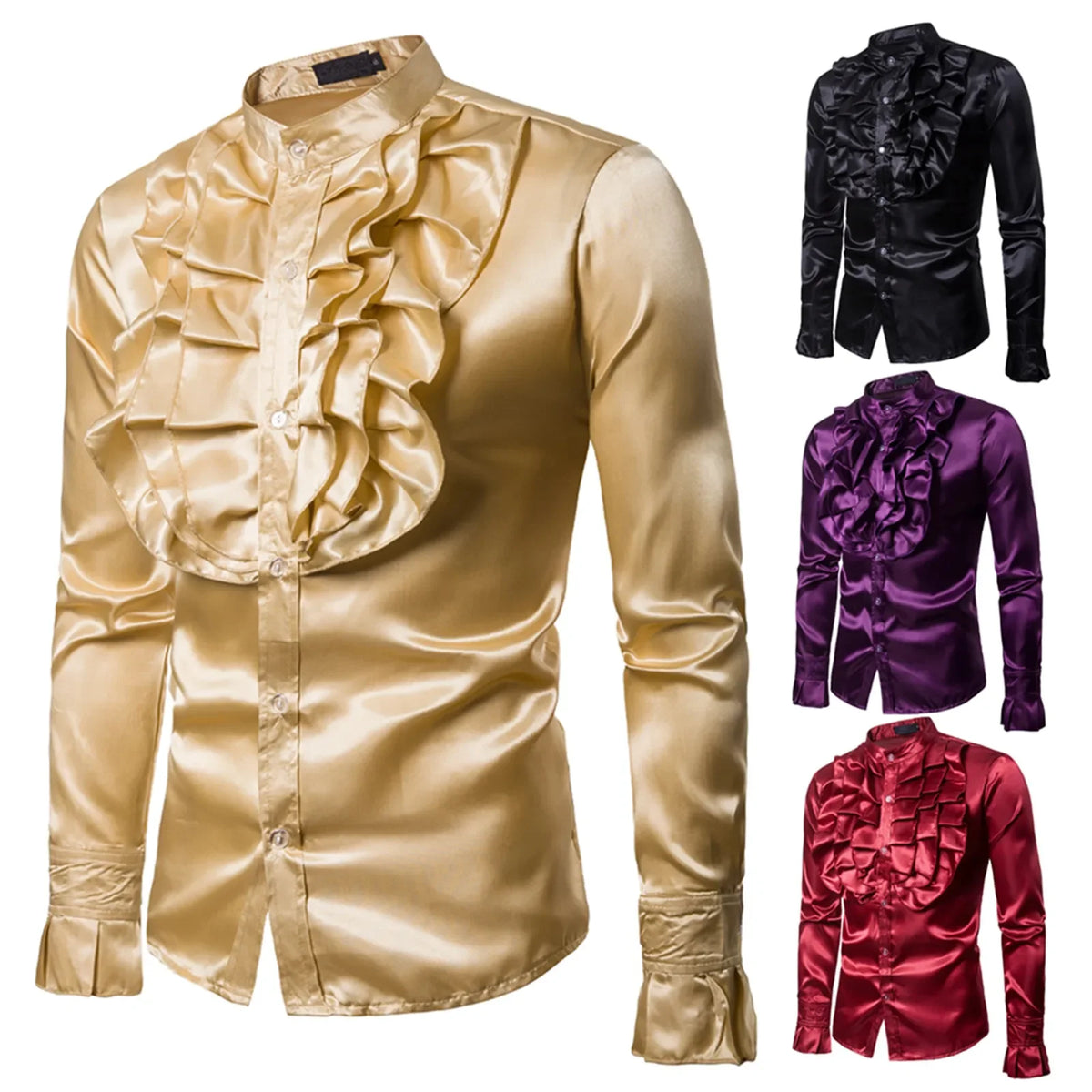 Veylora Vintage 70s Frill Ruffle Dress Shirt For Men Vicotorian Costume Top Gothic Punk Retro Tee Faxu Silk Cravat Shirt Halloween