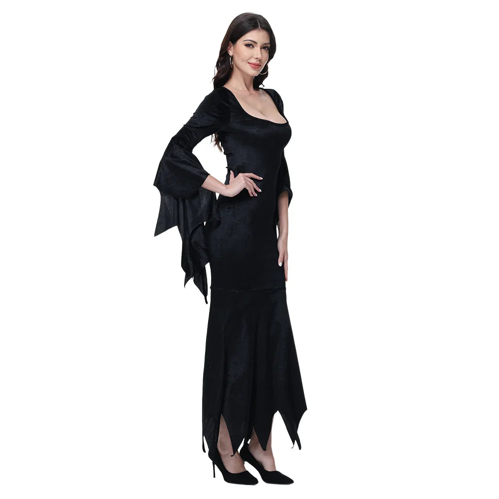 Veylora Halloween Morticia Adams Primate Costume Black Adams Family Dress Retro Gothic Flared Sleeve Fishtail Dress Vestido Party Outfit